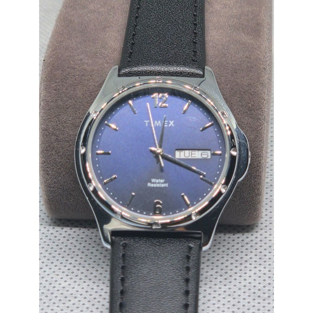 Timex Everyday Blue Sunburst Dial Day Date 35mm Dress Watch Black Leather Strap